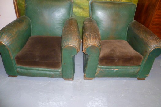 PAIR OF FRENCH GREEN LEATHER CLUB CHAIRS