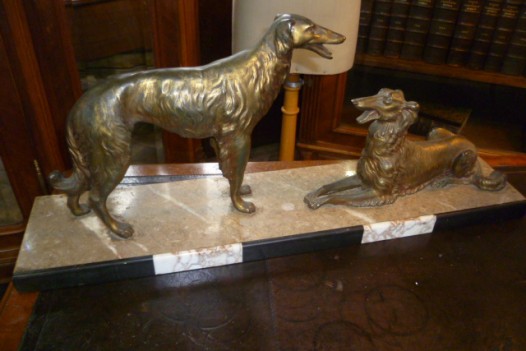 PAIR OF ART DECO DOGS ON A MARBLE PLYNTH