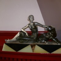 DECORATIVE ART DECO SPELTER FIGURE OF LADY WITH  PANTHER