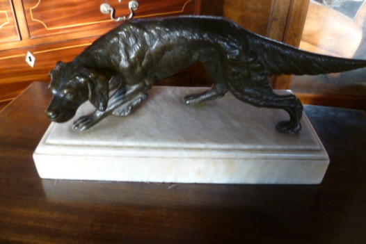 ANTIQUE SPELTER DOG ON MARBLE BASE