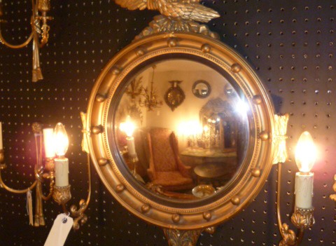 DECORATIVE ANTIQUE  CONVEX EAGLE MIRROR CANDLELIGHT ARMS