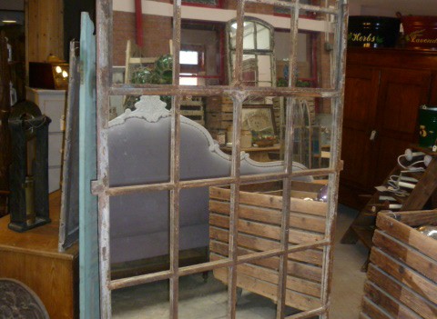 LARGE VINTAGE IRON FRAMED WINDOW MIRROR