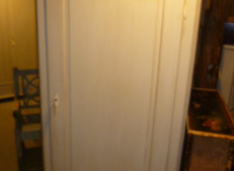 ANTIQUE SINGLE DOOR PAINTED PINE CUPBOARD WITH INTERNAL SHELVES AND DRAWERS
