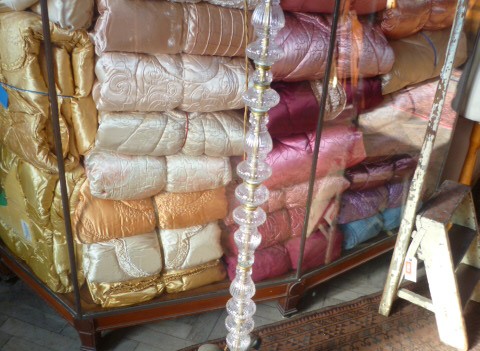 VINTAGE IRON STANDARD LAMP WITH GLASS COLUMN