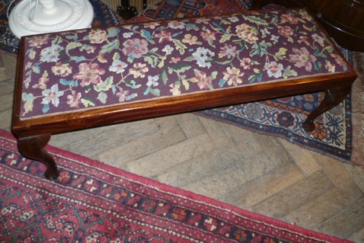 ANTIQUE MAHOGANY STOOL WITH TAPESTRY COVERING