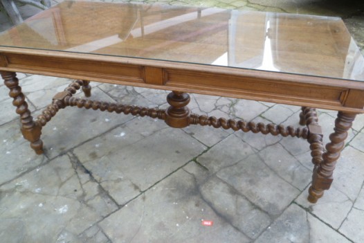 ANTIQUE OAK FRENCH DINING TABLE WITH GLASS TOP