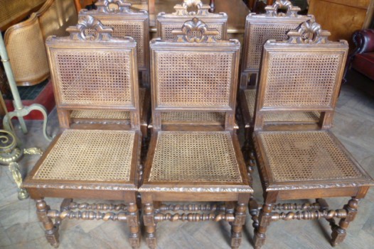 SET OF SIX ANTIQUE FRENCH CARVED OAK DINING CHAIRS