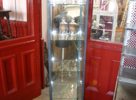 TALL INDUSTRIAL POLISHED STEEL OPEN FRONTED CABINETS (PERSPEX BACK & SIDES GLASS SHELVES )16 available