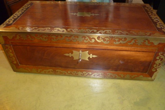 ANTIQUE BRASS INLAID WRITING SLOPE
