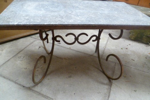 MARBLE TOPPED WROUGHT IRON GARDEN TABLE
