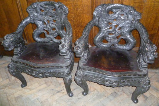 PAIR OF ANTIQUE CHINESE HARDWOOD CHAIRS WITH HARRODS LABEL BENEATH (CHINESE EXPORT FURNITURE CIRCA 1880)