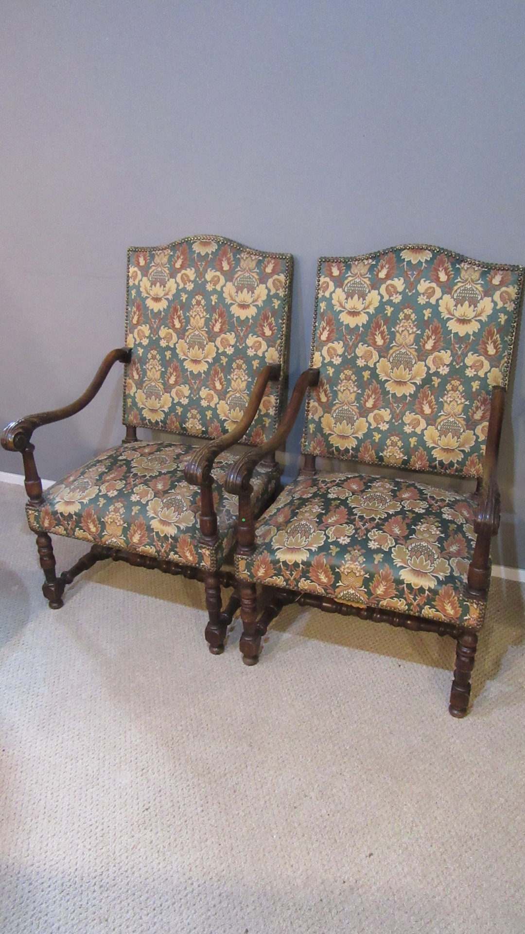 PAIR OF ANTIQUE GAINSBOROUGH STYLE OPEN ARMCHAIRS