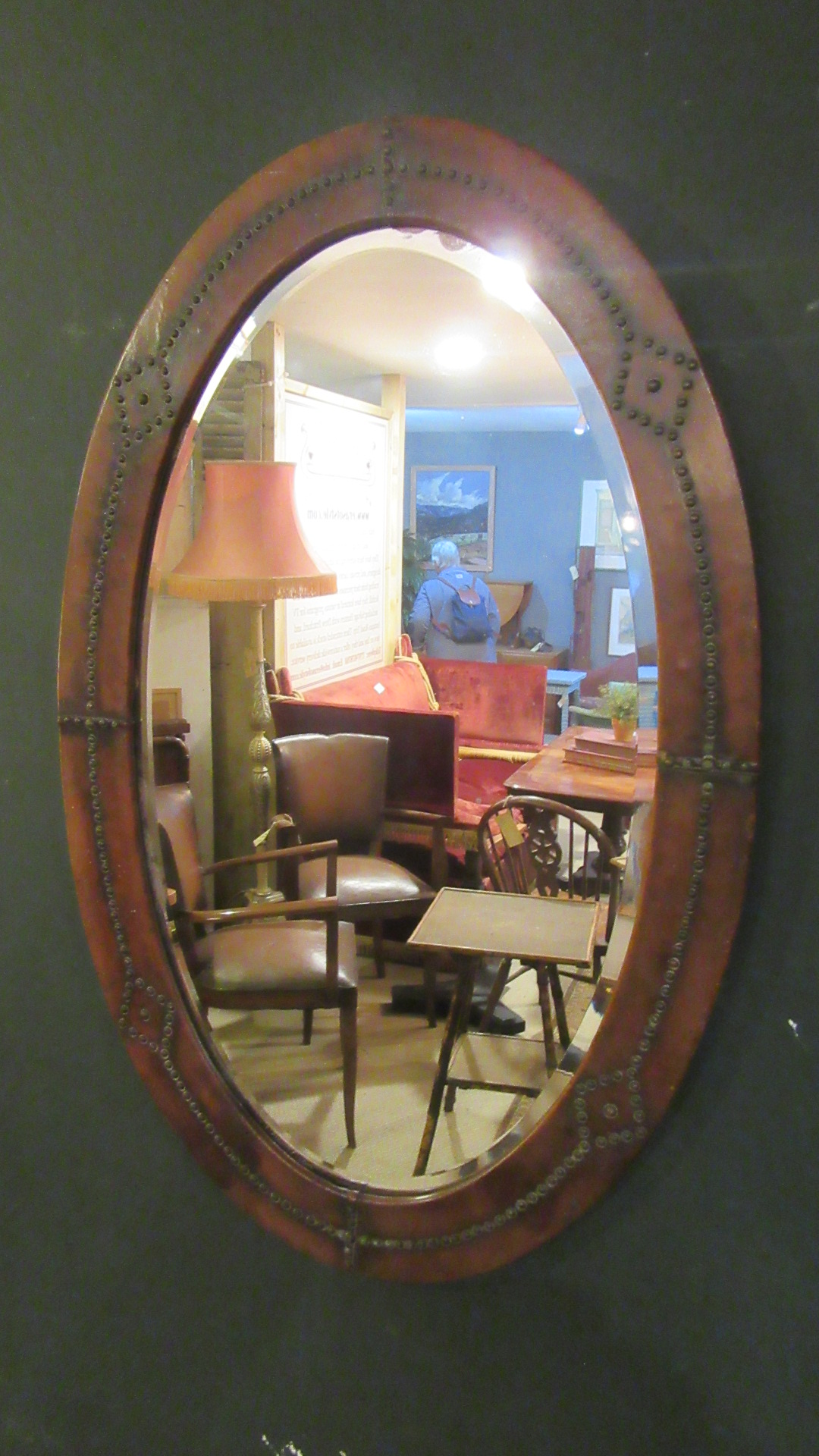 ANTIQUE STUDDED LEATHER WALL MIRROR