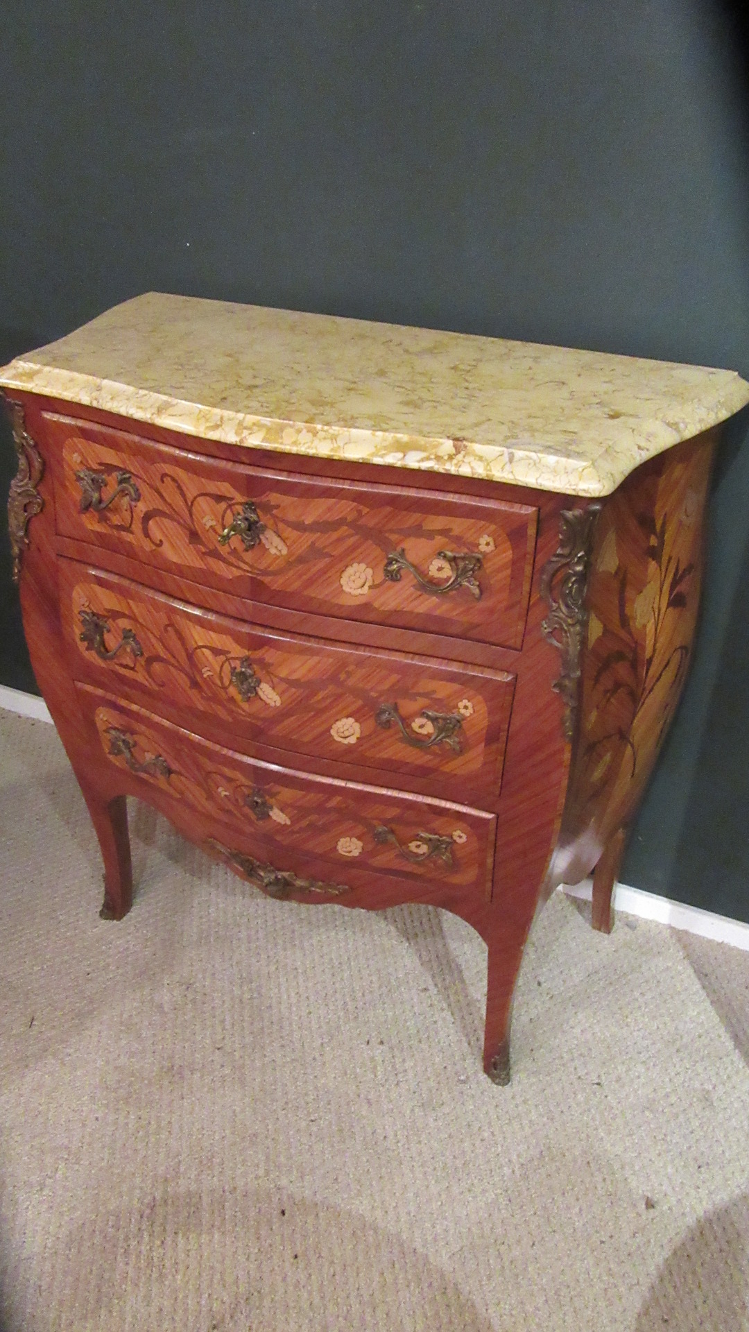 DECORATIVE INLAID FRENCH BOMBE CHEST OF DRAWERS