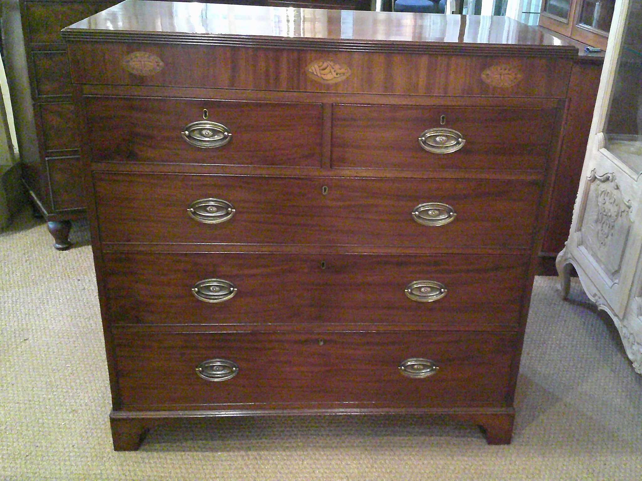 ANTIQUE REGENCY INLAID MAHOGANY CHEST OF DRAWERS