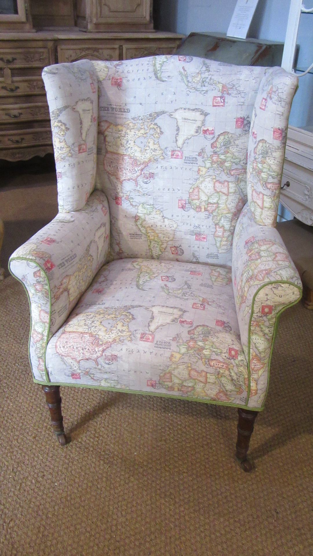 DECORATIVE ANTIQUE VICTORIAN WING ARMCHAIR RECENTLY UPHOLSTERED IN MAP OF THE WORLD PRINT