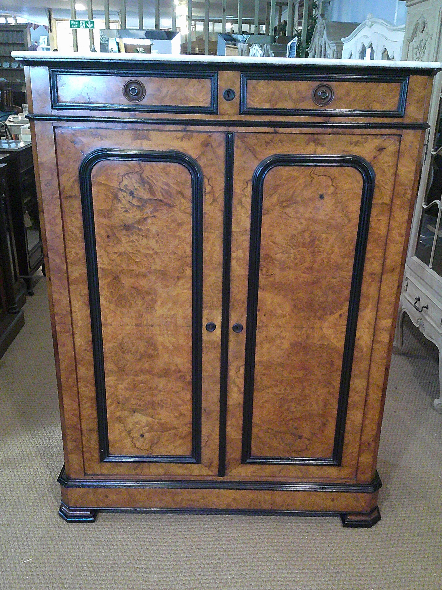 ANTIQUE FRENCH BURR WALNUT CUPBOARD WITH MARBLE TOP