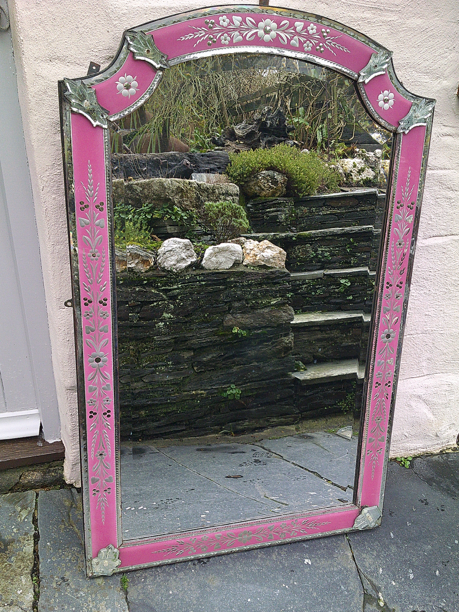 ANTIQUE VENETIAN WALL MIRROR WITH ETCHED COLOURED BORDER