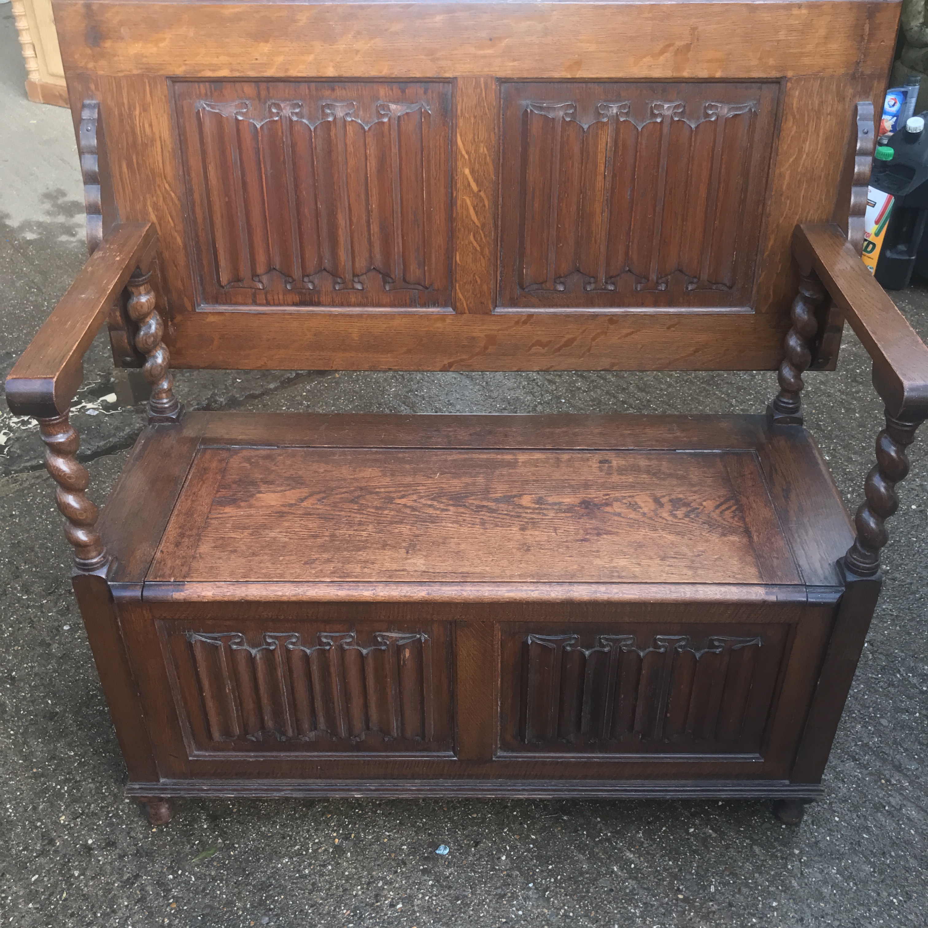 ANTIQUE OAK LINENFOLD MONKS BENCH