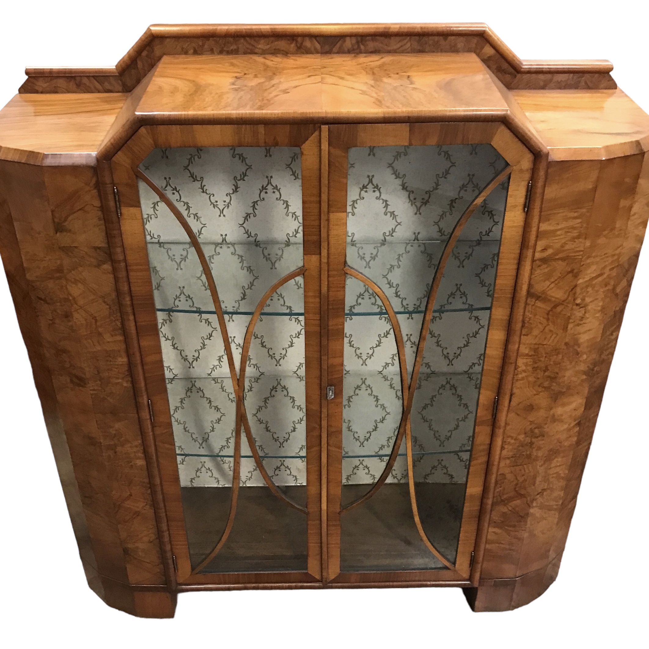 ANTIQUE ART DECO WALNUT DISPLAY CABINET