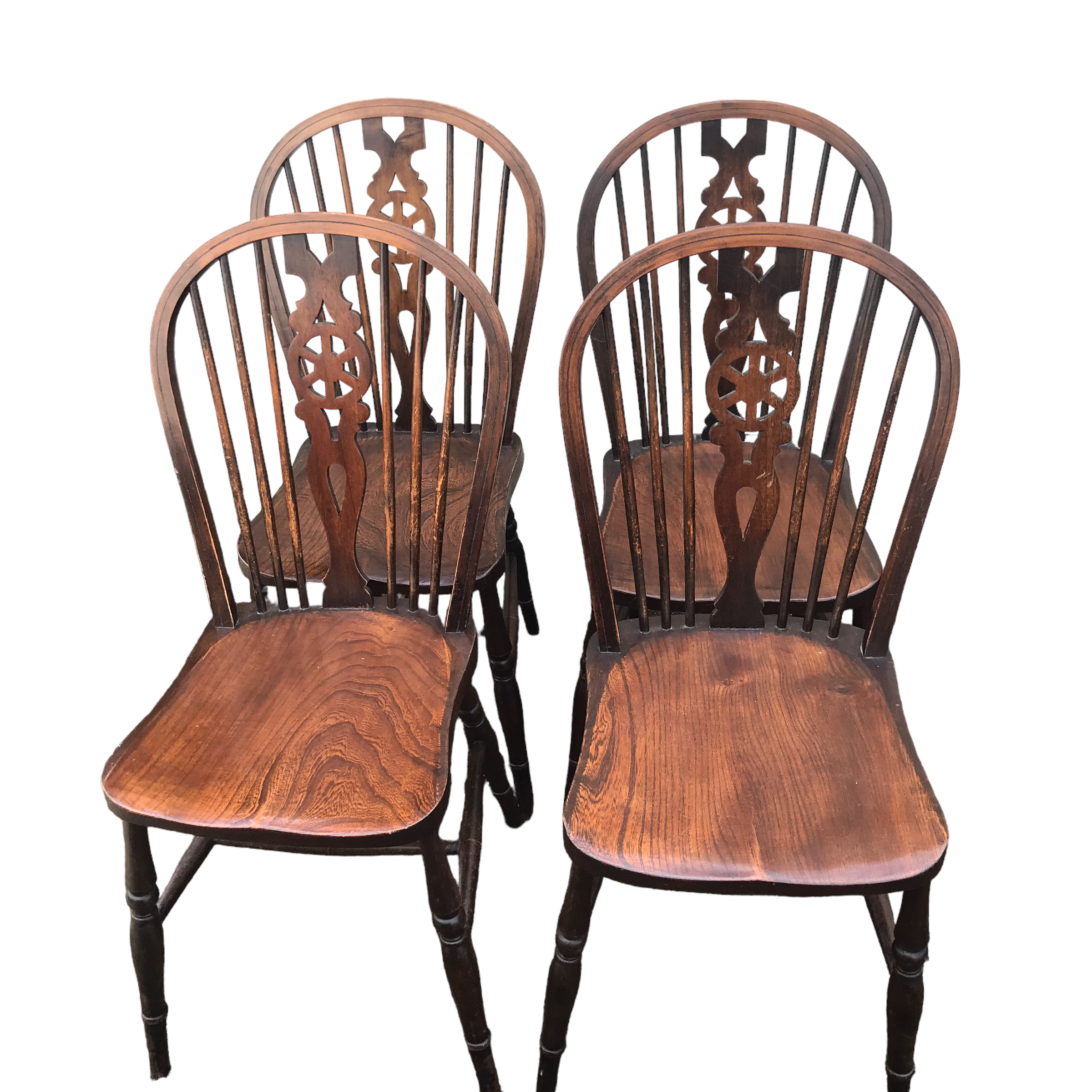 SET OF FOUR ANTIQUE ELM COUNTRY WINDSOR WHEEL BACK DINING CHAIRS